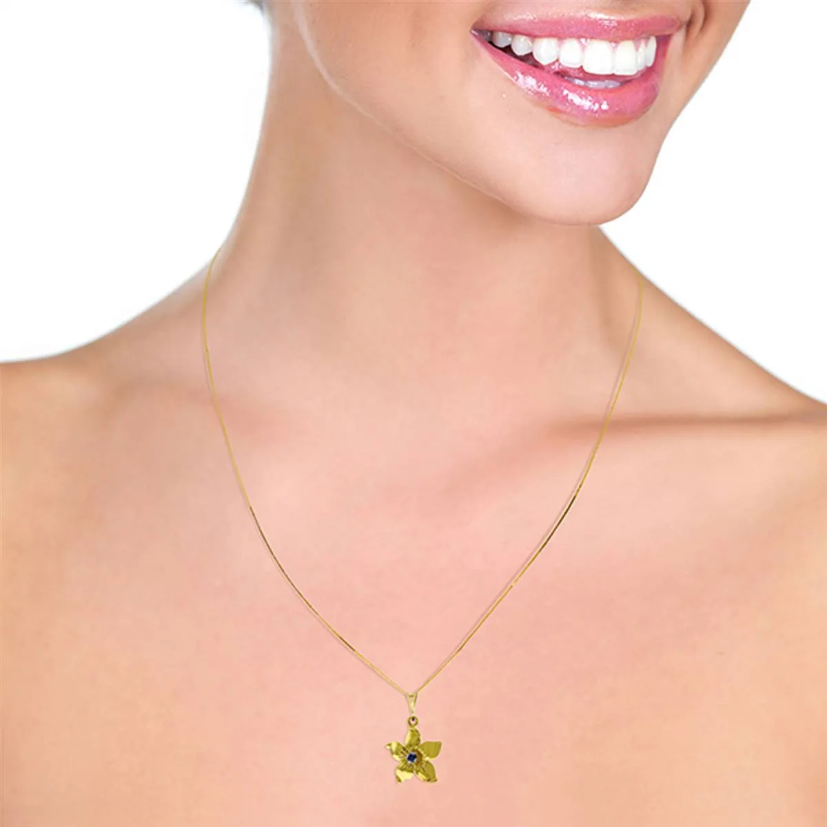 0.1 Carat 14K Solid Yellow Gold Flower Necklace Natural Sapphire