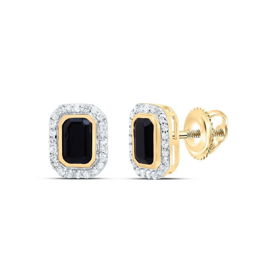 0.25cttw Diamond Black Onyx Emerald Shape Stud Earrings 10k Gold Screw Back