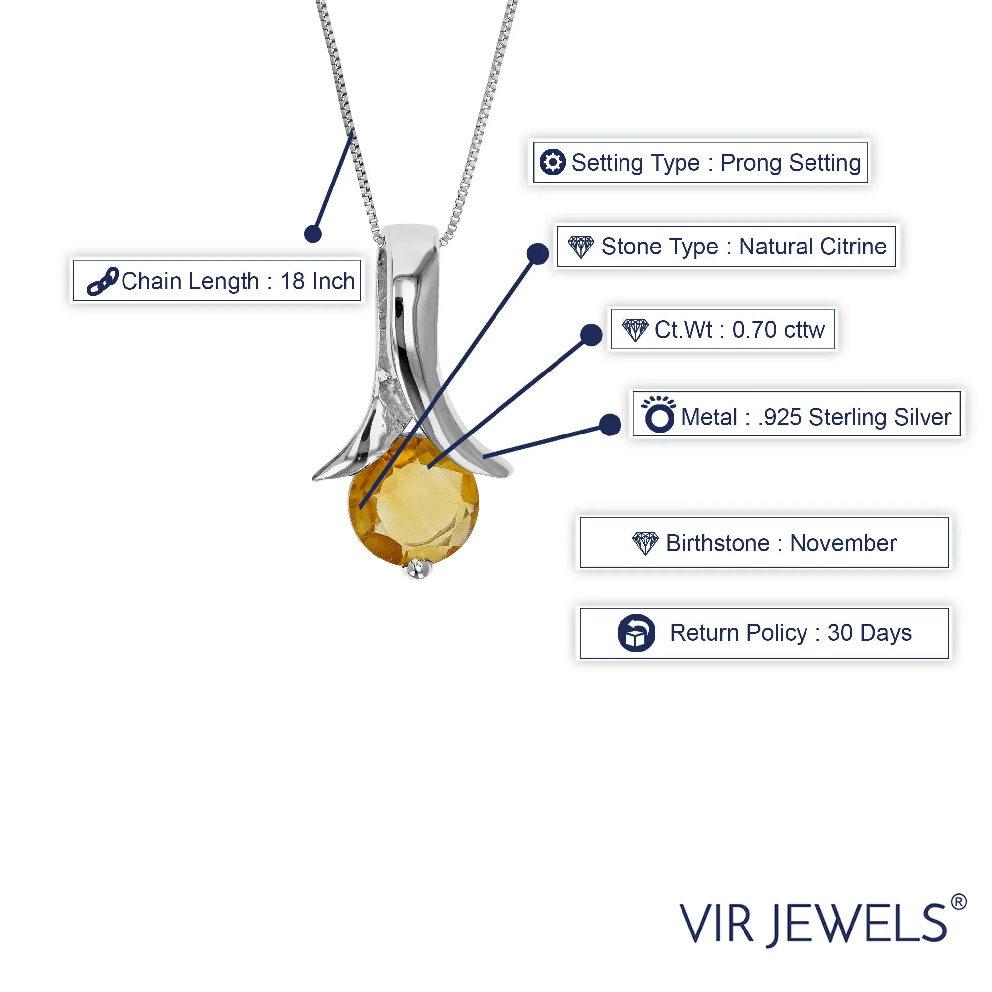 0.70 cttw Pendant Necklace, Citrine Pendant Necklace for Women in .925 Sterling Silver with Rhodium, 18 Inch Chain, Prong Setting