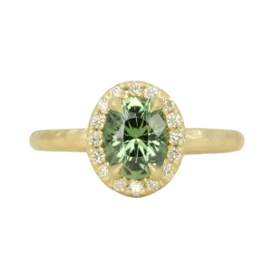 1.38ct Oval Green Montana Sapphire 18k Yellow Satin Evergreen Halo Ring