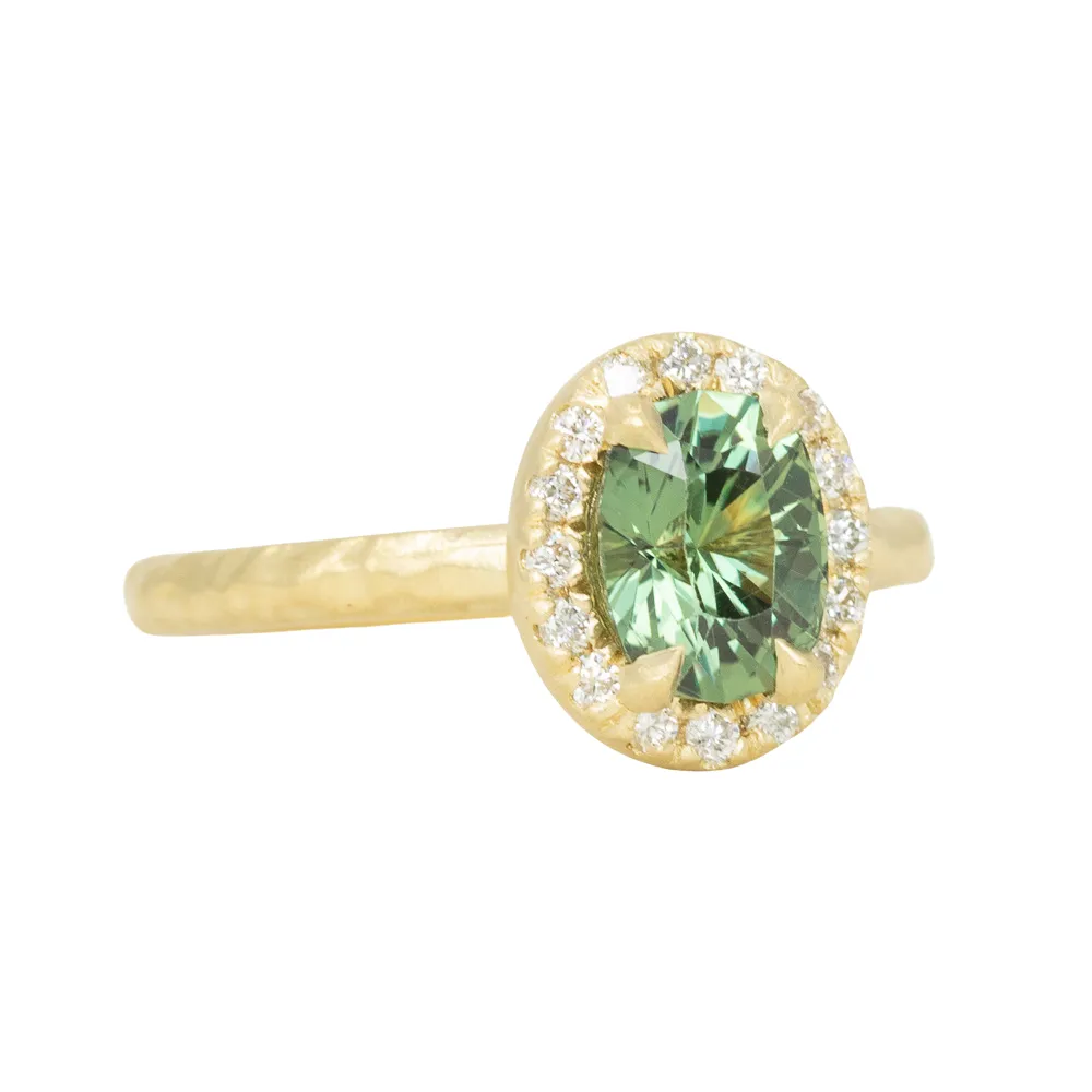 1.38ct Oval Green Montana Sapphire 18k Yellow Satin Evergreen Halo Ring