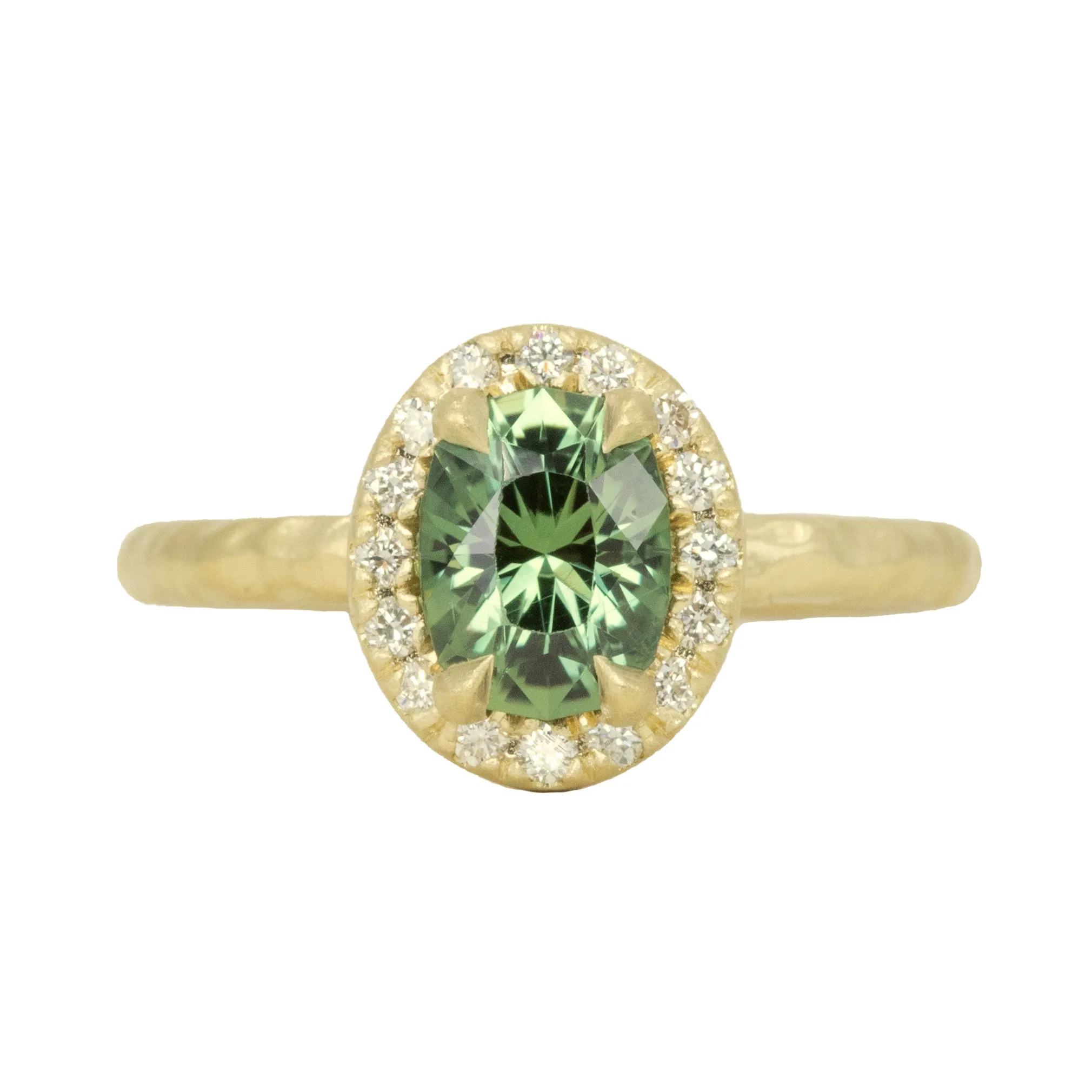 1.38ct Oval Green Montana Sapphire 18k Yellow Satin Evergreen Halo Ring