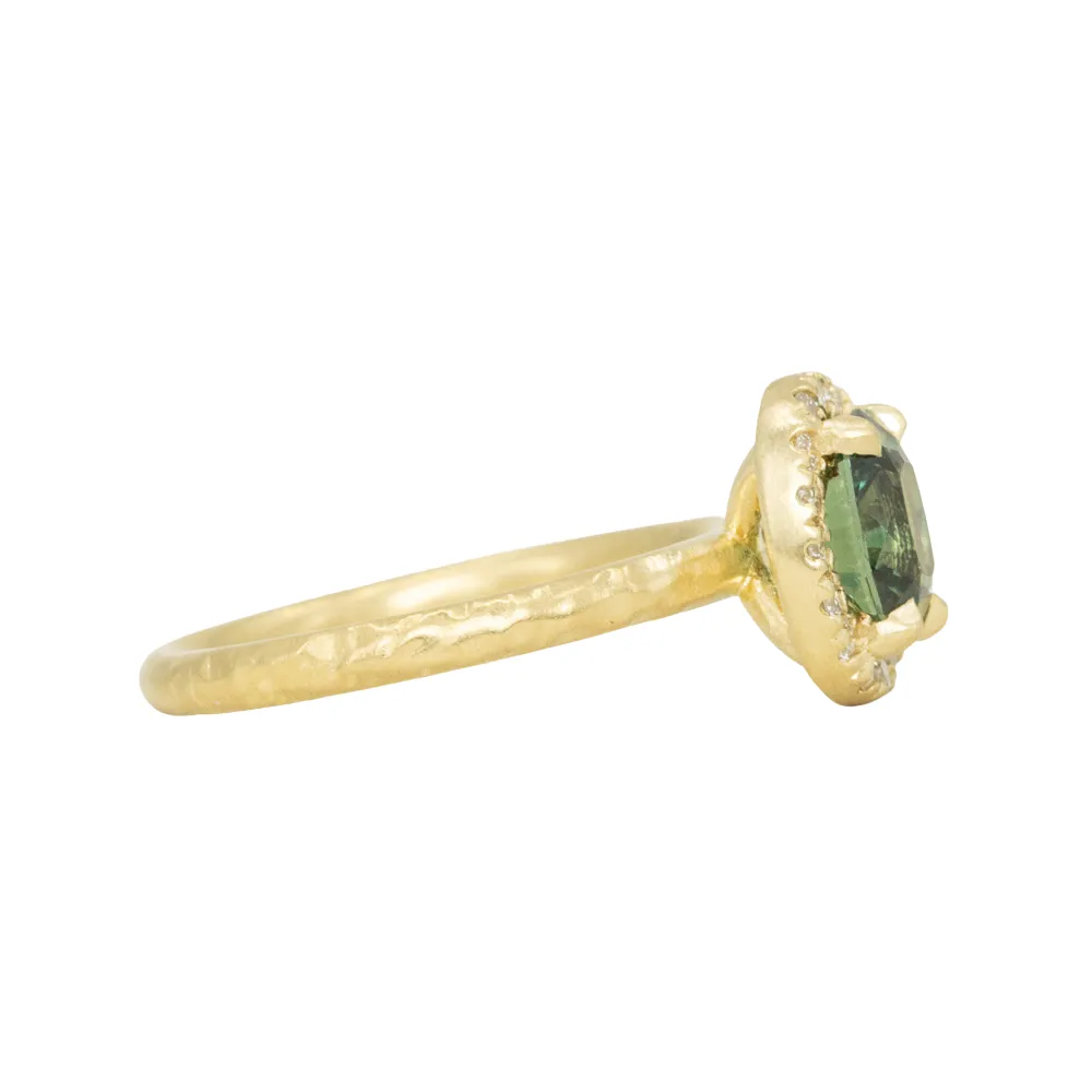 1.38ct Oval Green Montana Sapphire 18k Yellow Satin Evergreen Halo Ring