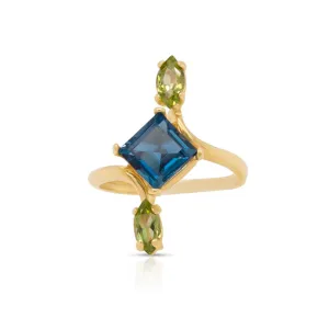 14K Gold London Blue Topaz and Peridot Geometric Ring