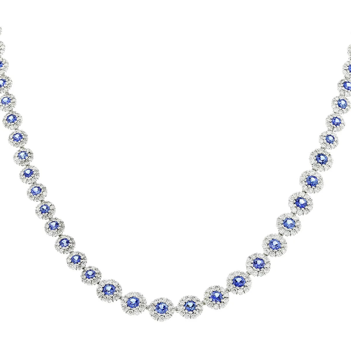 14K Gold Sapphire Diamond Riviera Halo Necklace