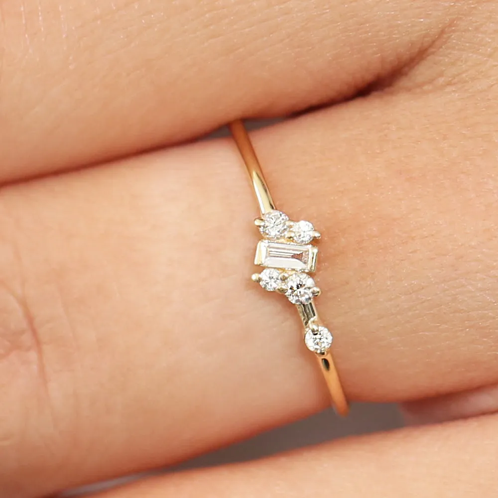 14K Gold Slanted Baguette and Round Diamond Ring