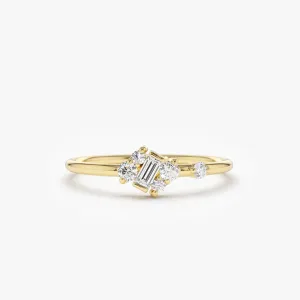 14K Gold Slanted Baguette and Round Diamond Ring