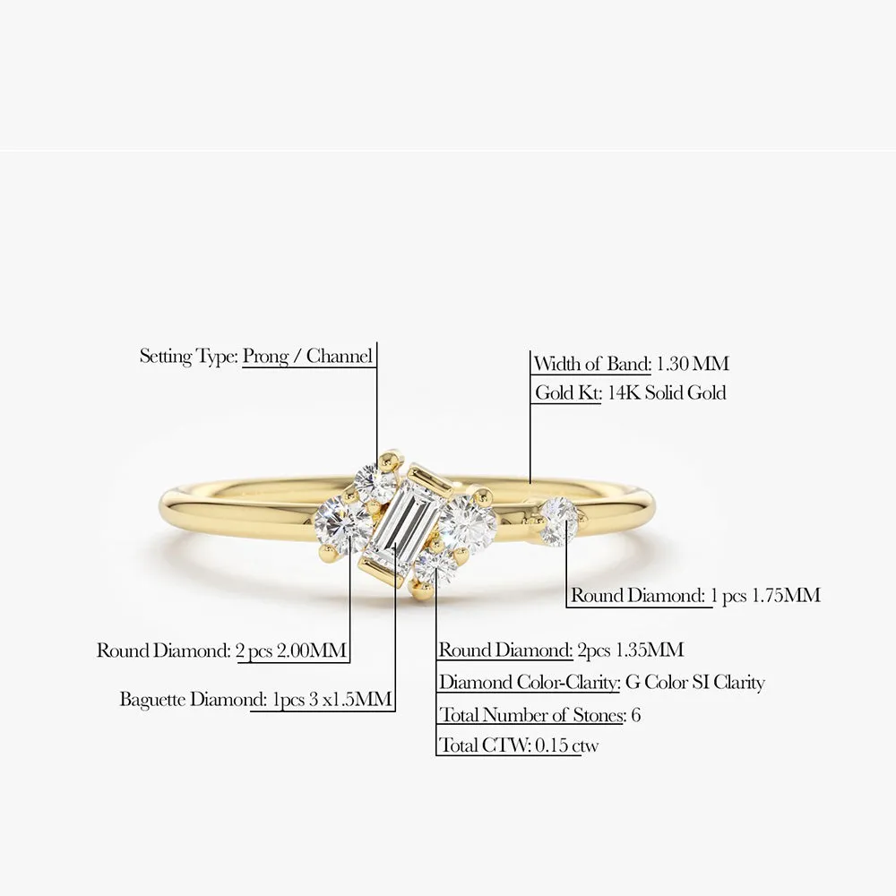 14K Gold Slanted Baguette and Round Diamond Ring