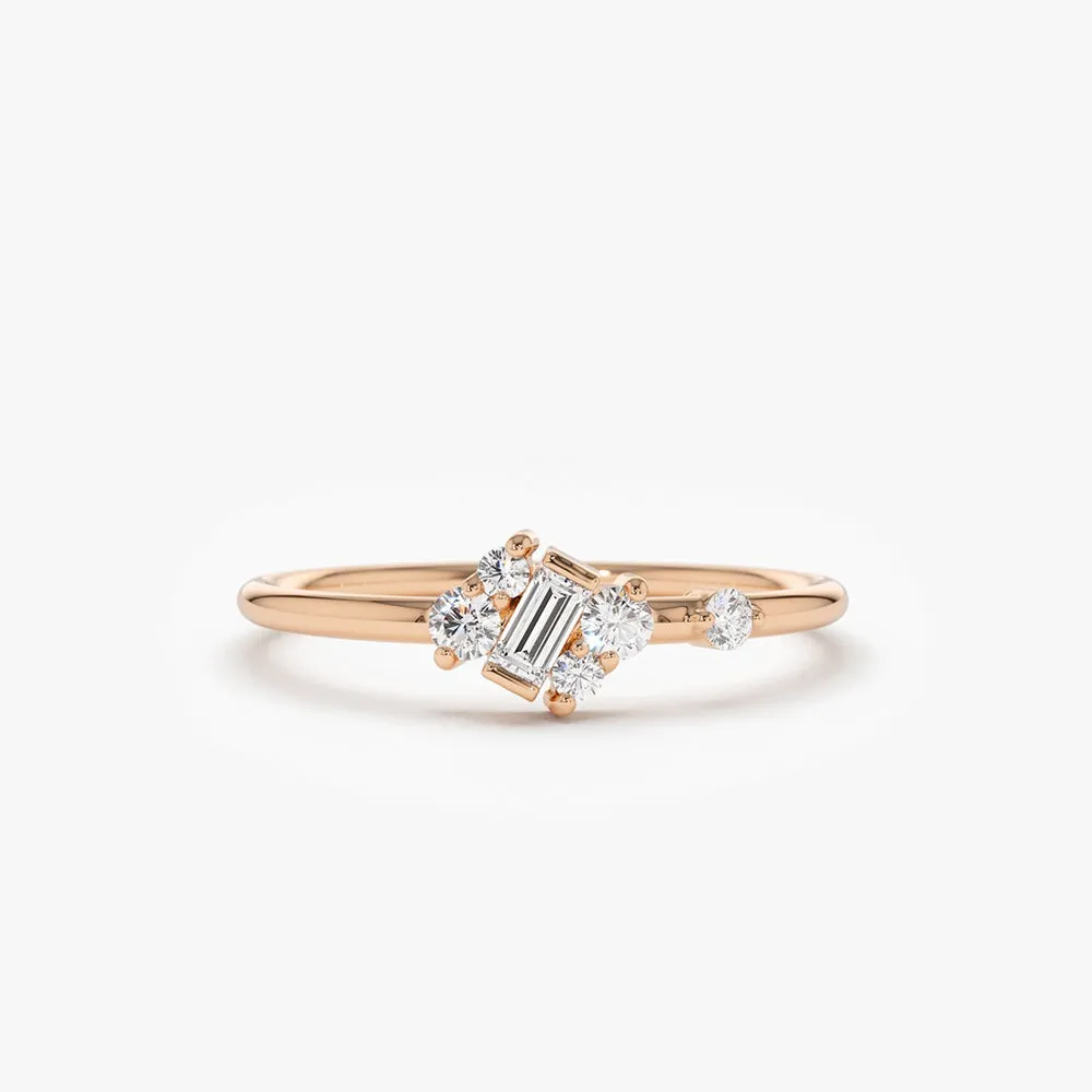 14K Gold Slanted Baguette and Round Diamond Ring