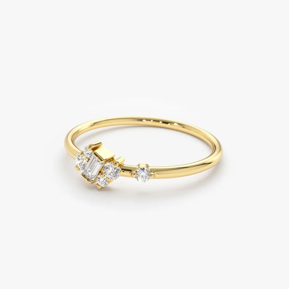 14K Gold Slanted Baguette and Round Diamond Ring