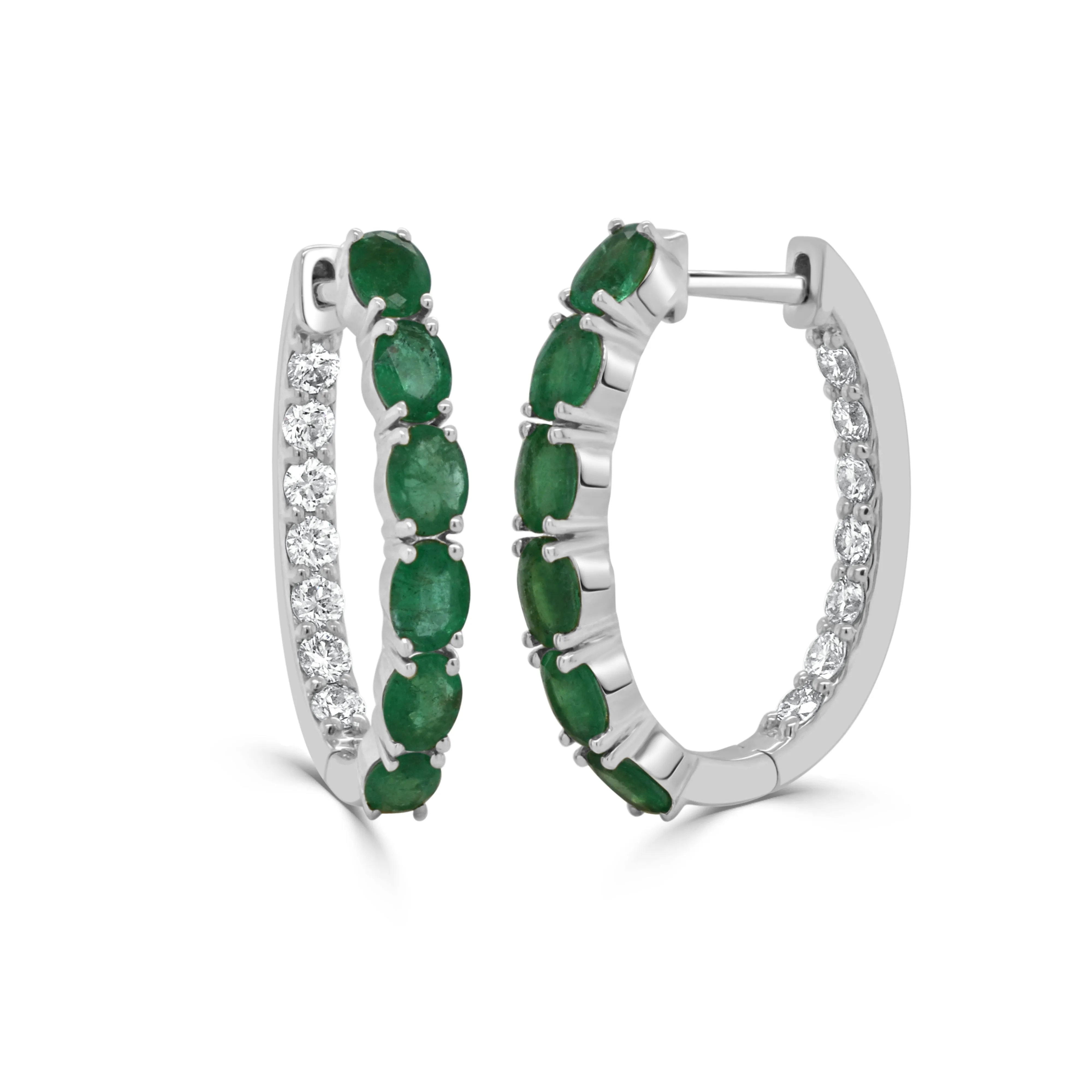 14K Oval Emerald & Diamond Hoop Earring