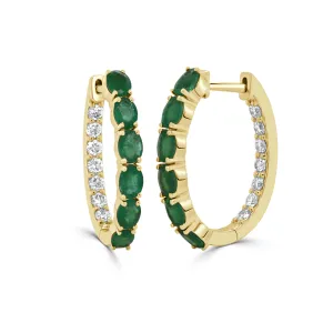 14K Oval Emerald & Diamond Hoop Earring