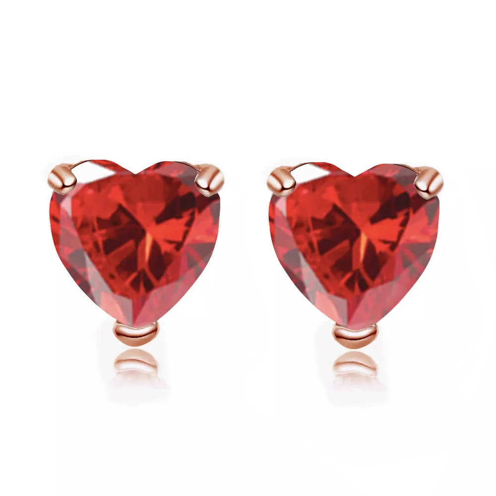 14k Rose Gold Plated 3 Carat Heart Created Ruby Stud Earrings