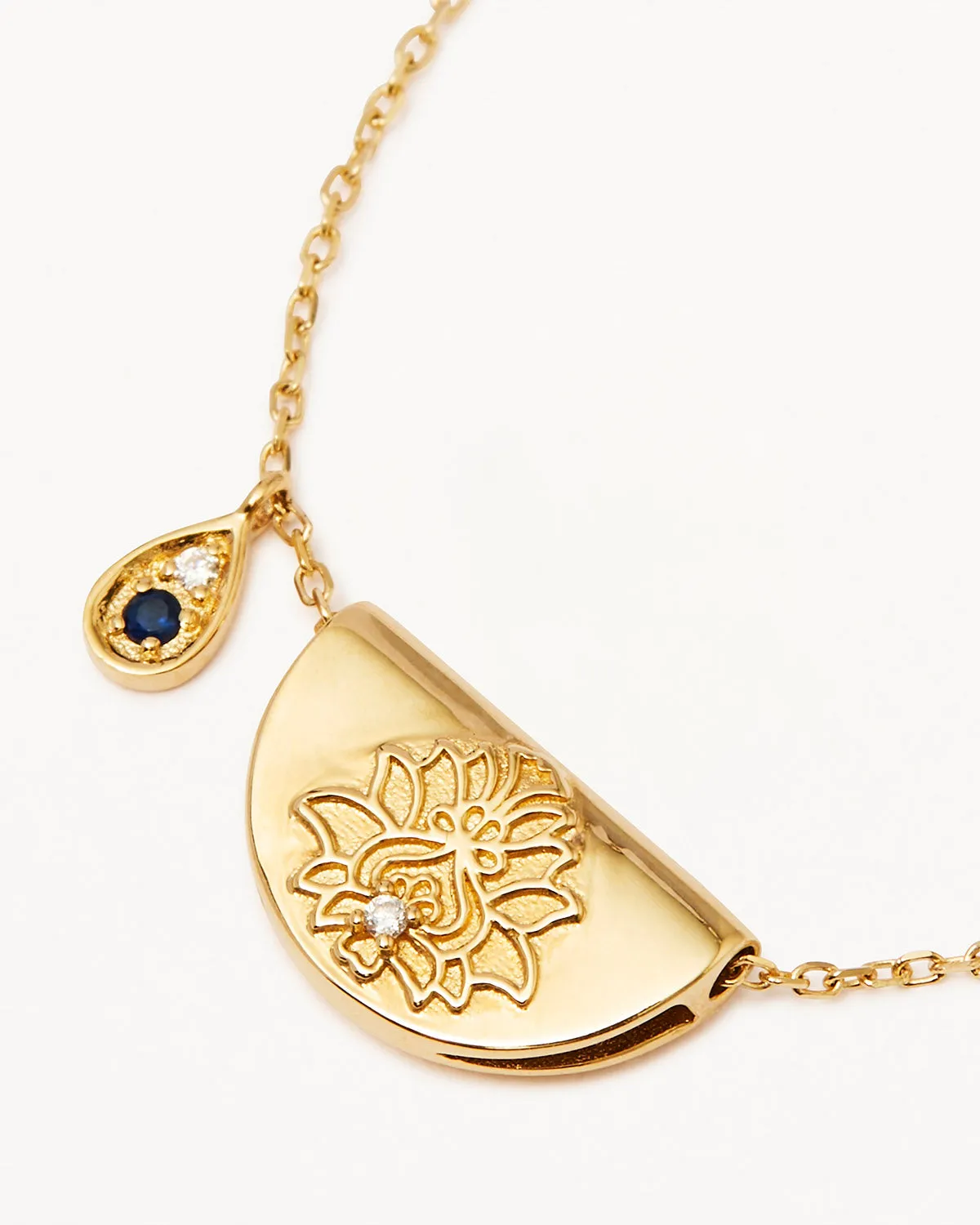 14k Solid Gold Lotus Birthstone Diamond Necklace - September - Sapphire