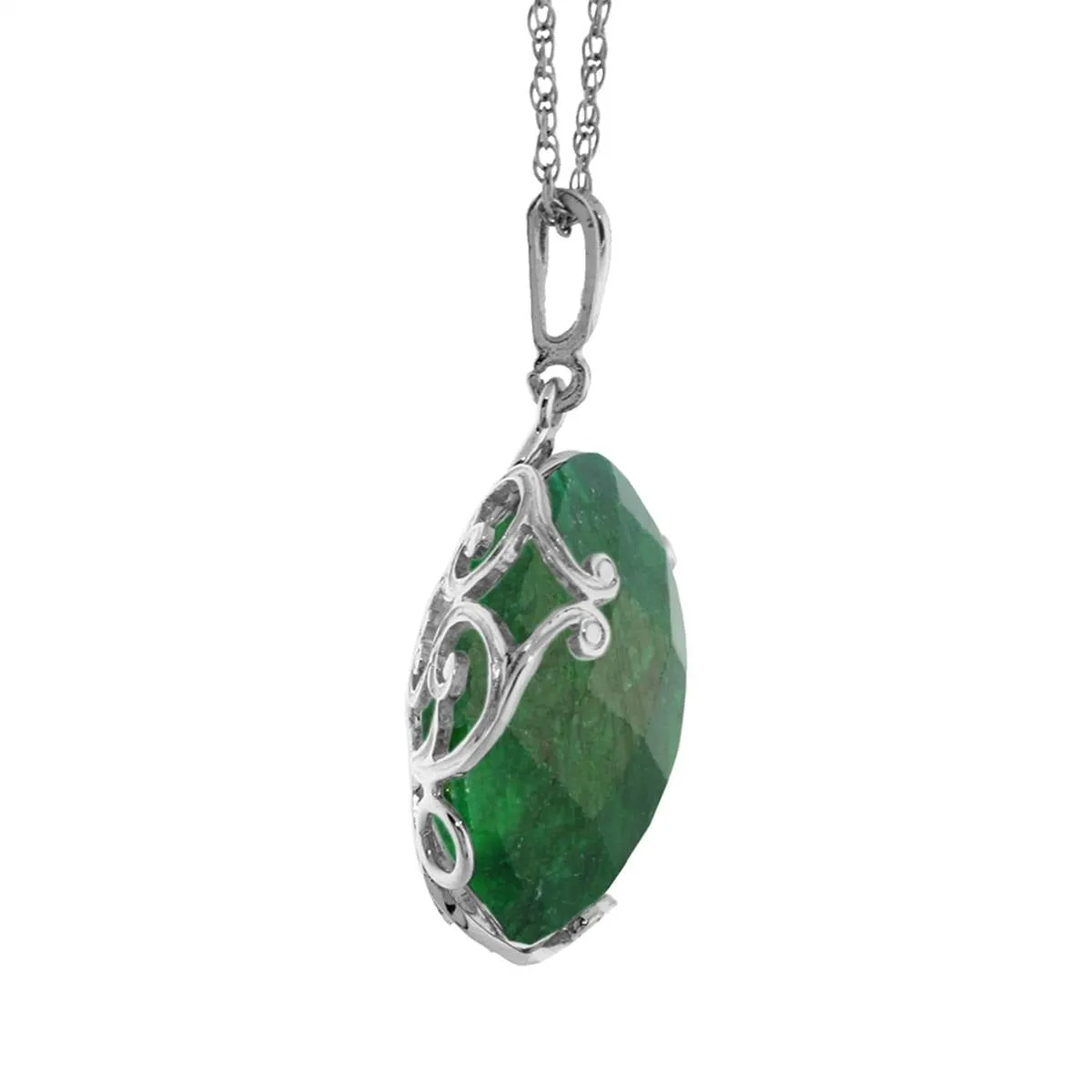 14K Solid White Gold Necklace w/ Checkerboard Cut Round Dyed Green Sapphire