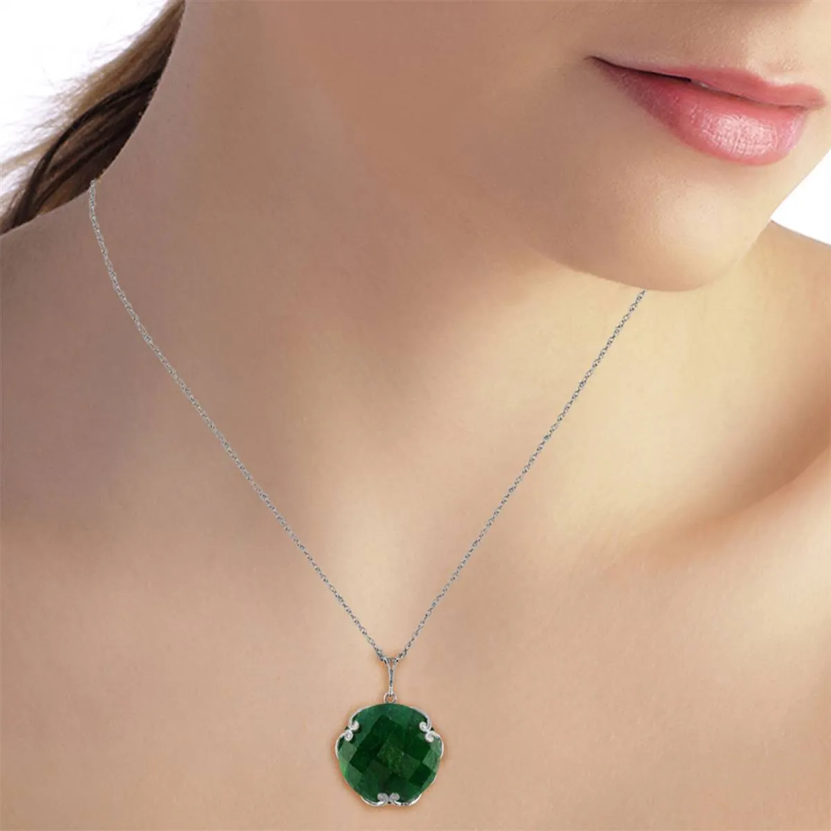 14K Solid White Gold Necklace w/ Checkerboard Cut Round Dyed Green Sapphire