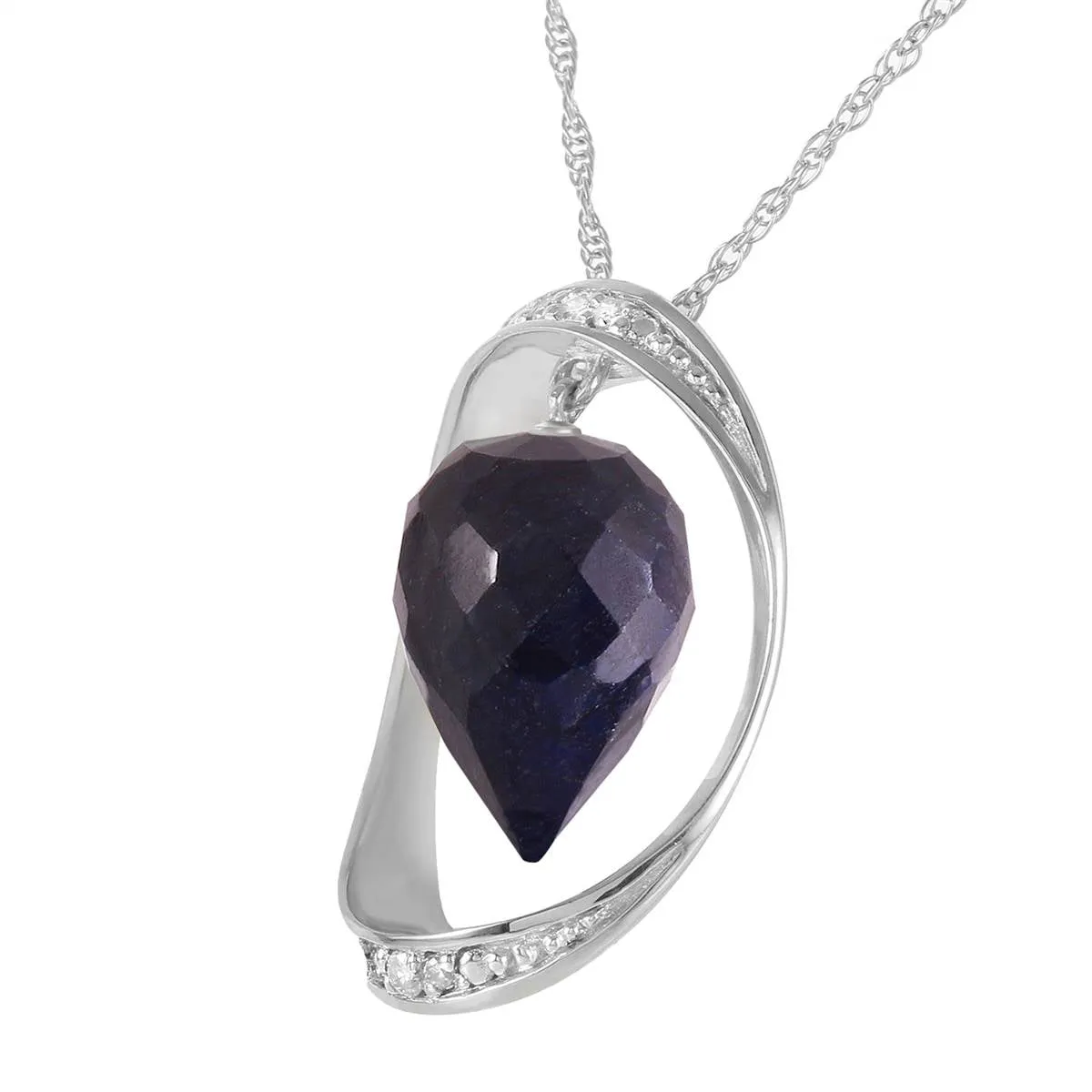 14K Solid White Gold Necklace w/ Diamonds & Briolette Pointy Drop Dyed Sapphire