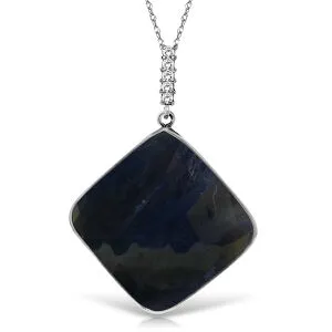 14K Solid White Gold Necklace w/ Diamonds & Square Shape Checkerboard Cut Sapphire