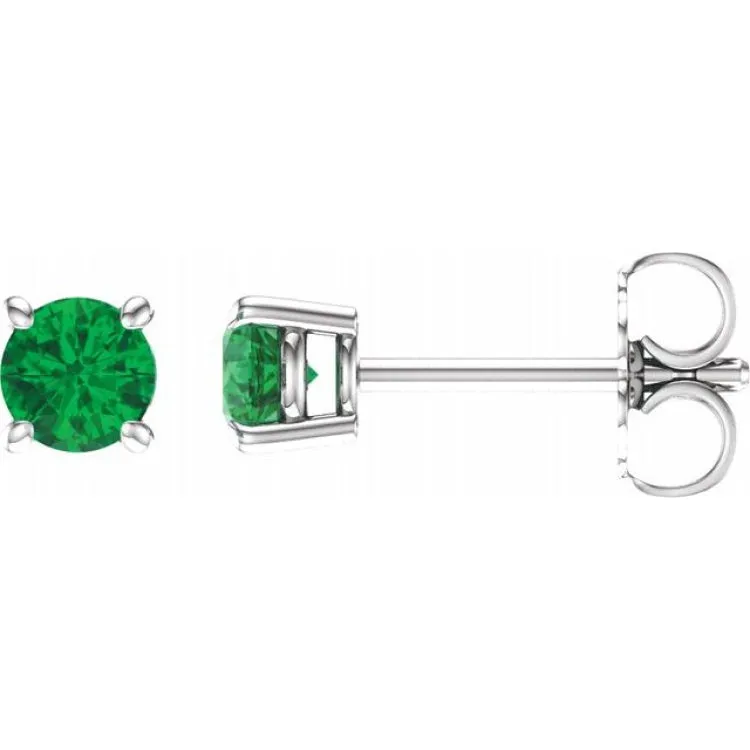 14K White 4 mm Lab-Grown Emerald Stud Earrings