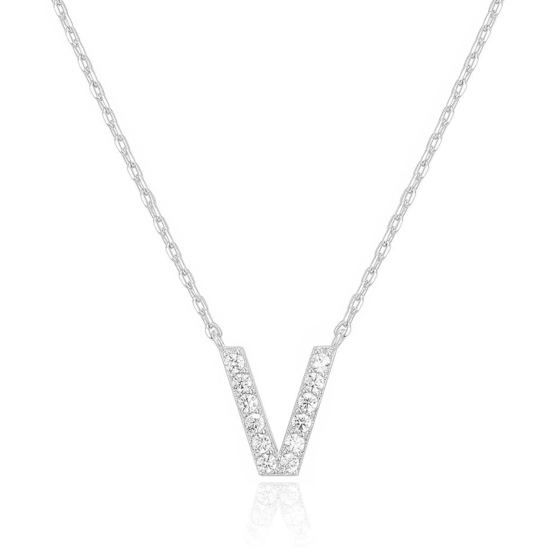 14k White Gold Created White Sapphire Initial V Letter Pendant Necklace Plated