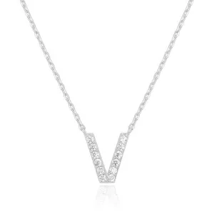 14k White Gold Created White Sapphire Initial V Letter Pendant Necklace Plated