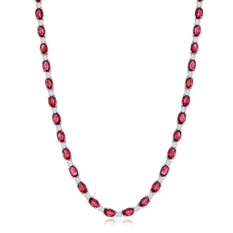 14K WHITE GOLD OVAL RUBY DIAMOND TENNIS NECKLACE