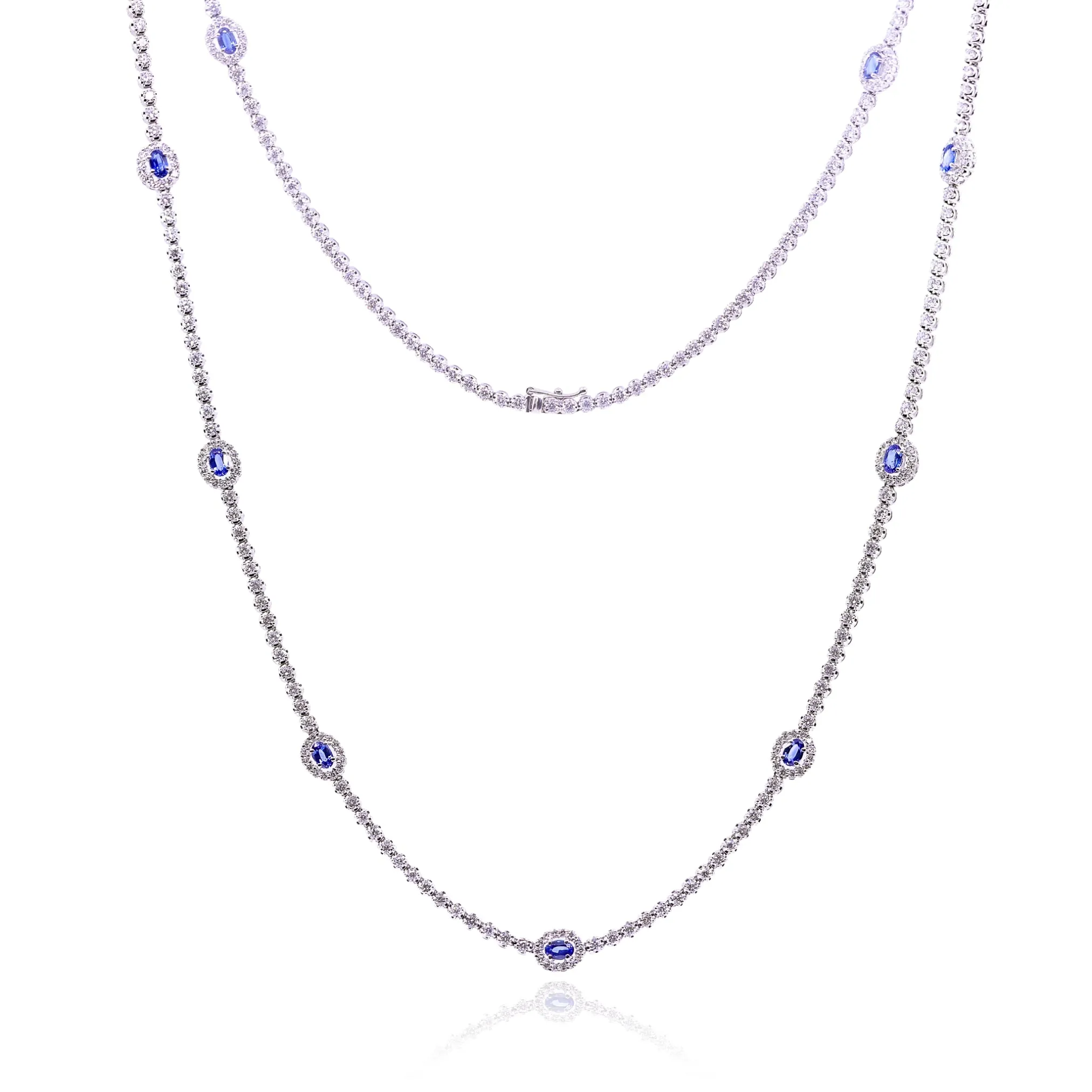 14K WHITE GOLD OVAL SAPPHIRE DIAMOND LONG NECKLACE