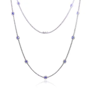 14K WHITE GOLD OVAL SAPPHIRE DIAMOND LONG NECKLACE