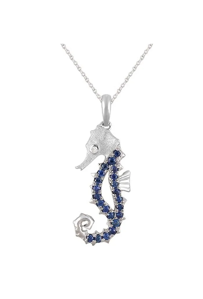 14k White Gold Single Sea Horse Pendant with Diamond and 22 Blue Sapphires