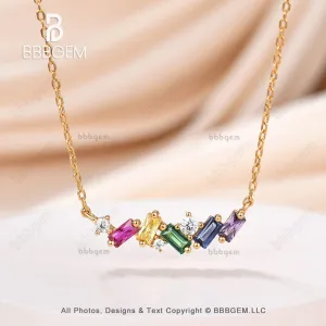 14k Yellow Gold Baguette Cut Rainbow Sapphire Citrine Amethyst Colorful  Pendant Necklace Scatter Bar Fashion Necklace