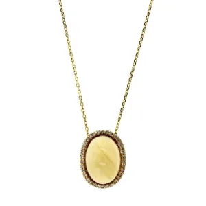 14K Yellow Gold Cabochon Citrine Diamond Halo Necklace