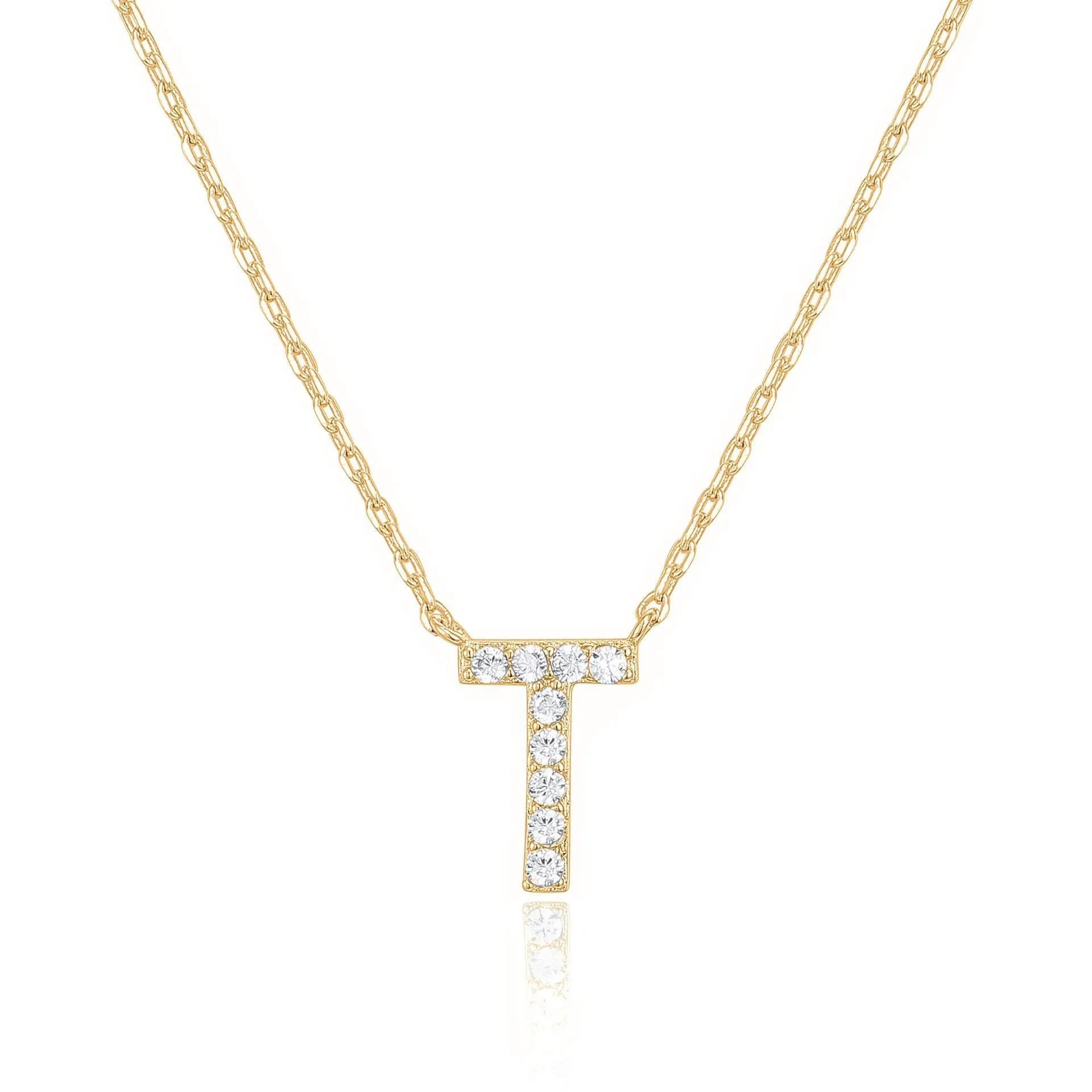 14k Yellow Gold Created White Sapphire Initial T Letter Pendant Necklace Plated