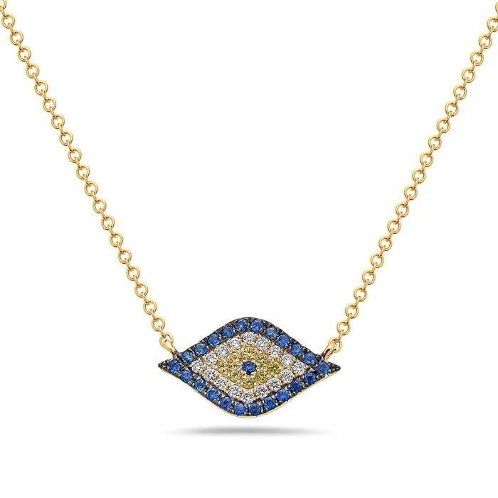 14K Yellow Gold Eye Rainbow Sapphires Necklace