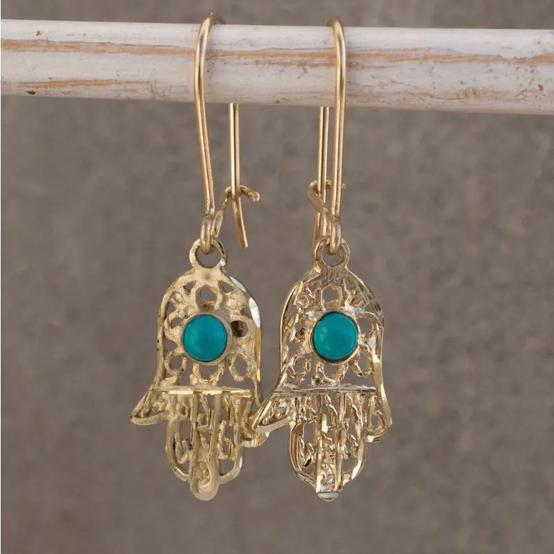 14K Yellow Gold Hamsa Turquoise 3mm Dangle Earrings