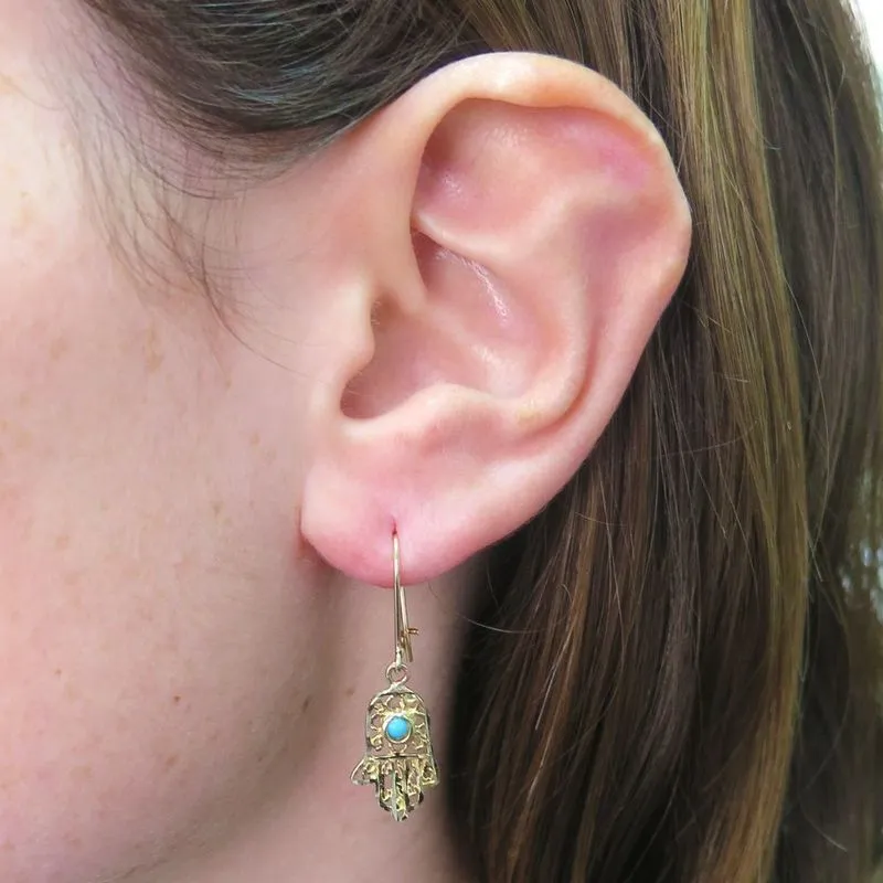 14K Yellow Gold Hamsa Turquoise 3mm Dangle Earrings