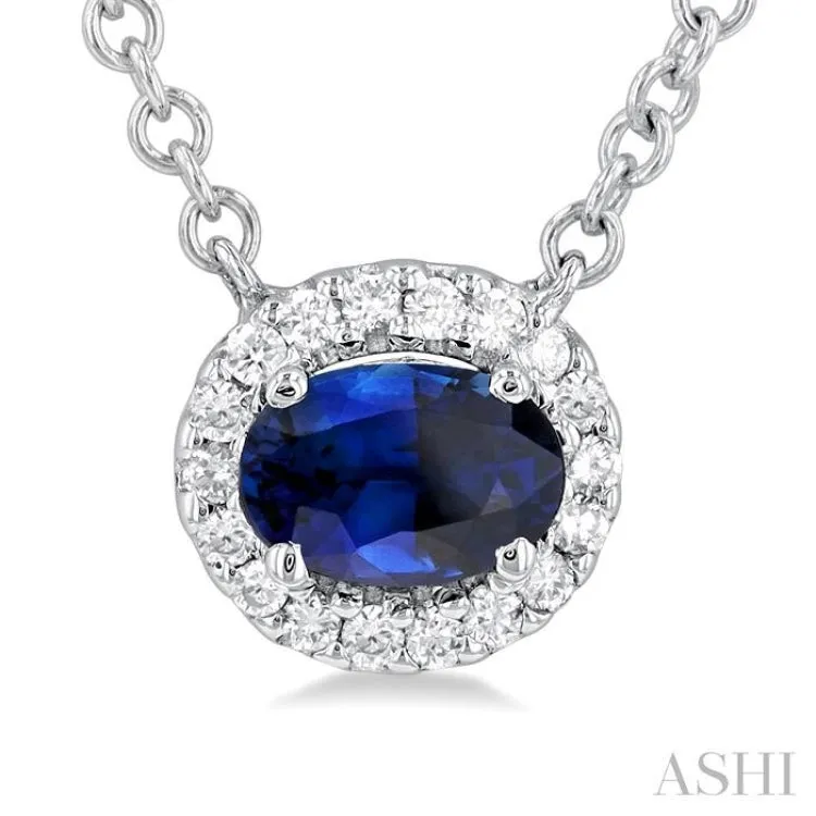 1/6 ctw East West 6X4MM Oval Cut Sapphire and Round Cut Diamond Halo Precious Necklace in 14K White Gold