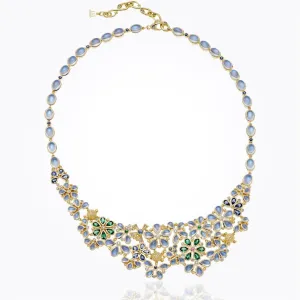 18K Flower Cluster Necklace with blue sapphire, tsavorite, royal blue moonstone and diamond