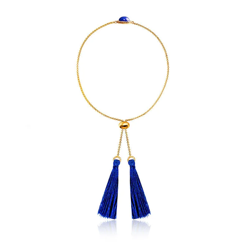 18k Gold Round Lapis Diamond Bracelet with Blue Tassel