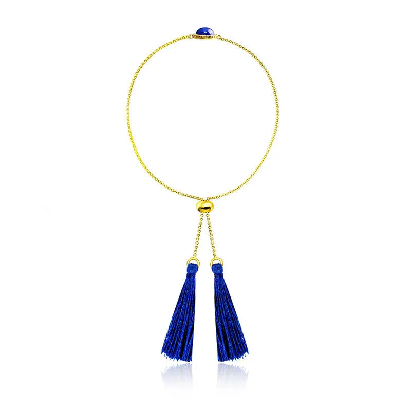 18k Gold Round Lapis Diamond Bracelet with Blue Tassel