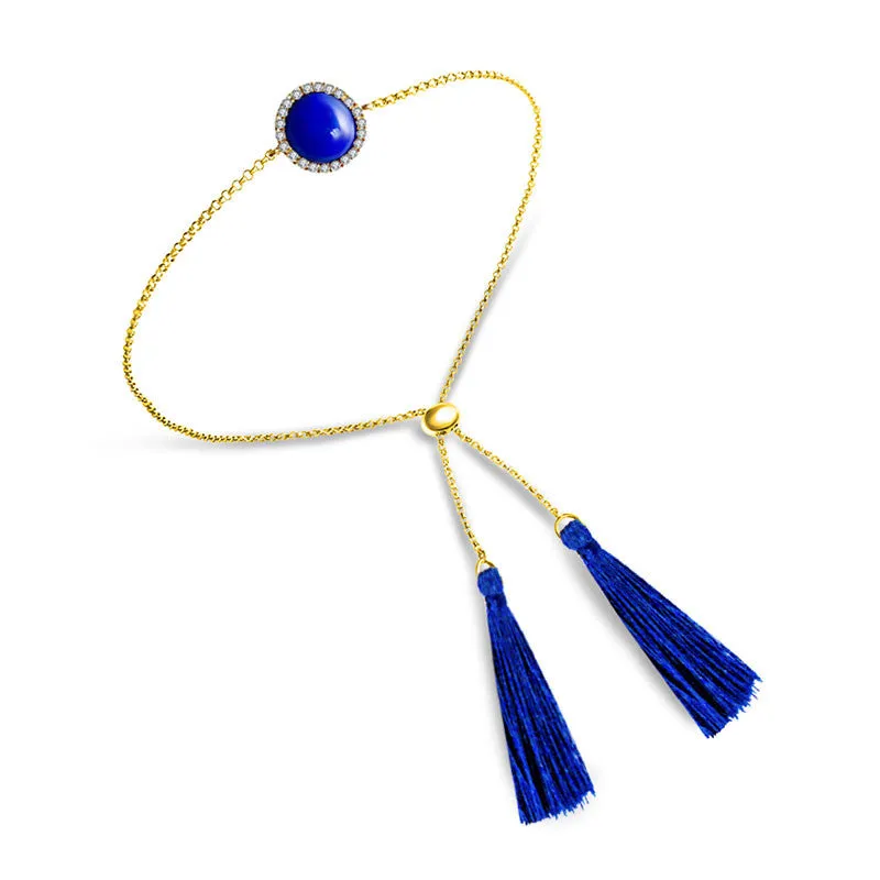 18k Gold Round Lapis Diamond Bracelet with Blue Tassel