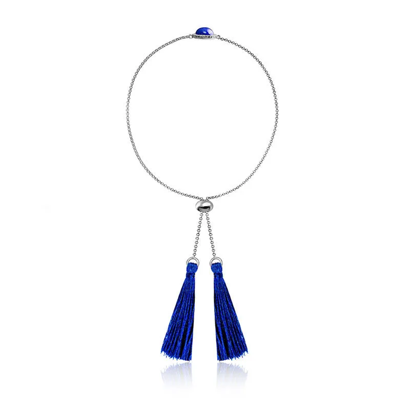 18k Gold Round Lapis Diamond Bracelet with Blue Tassel