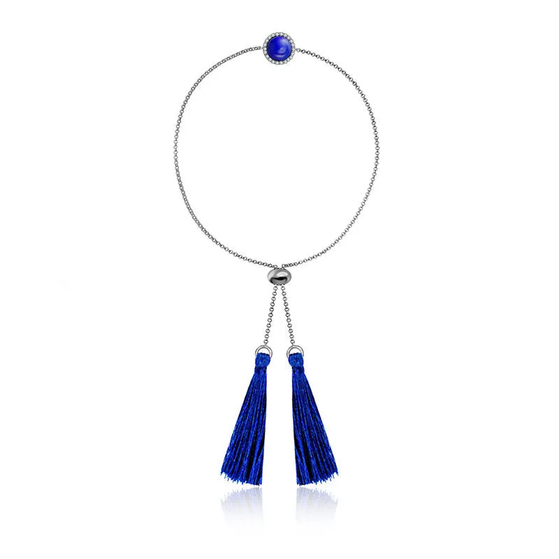 18k Gold Round Lapis Diamond Bracelet with Blue Tassel