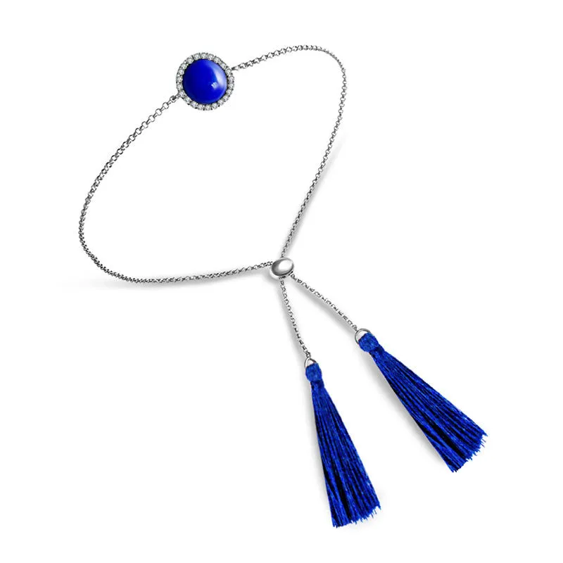 18k Gold Round Lapis Diamond Bracelet with Blue Tassel