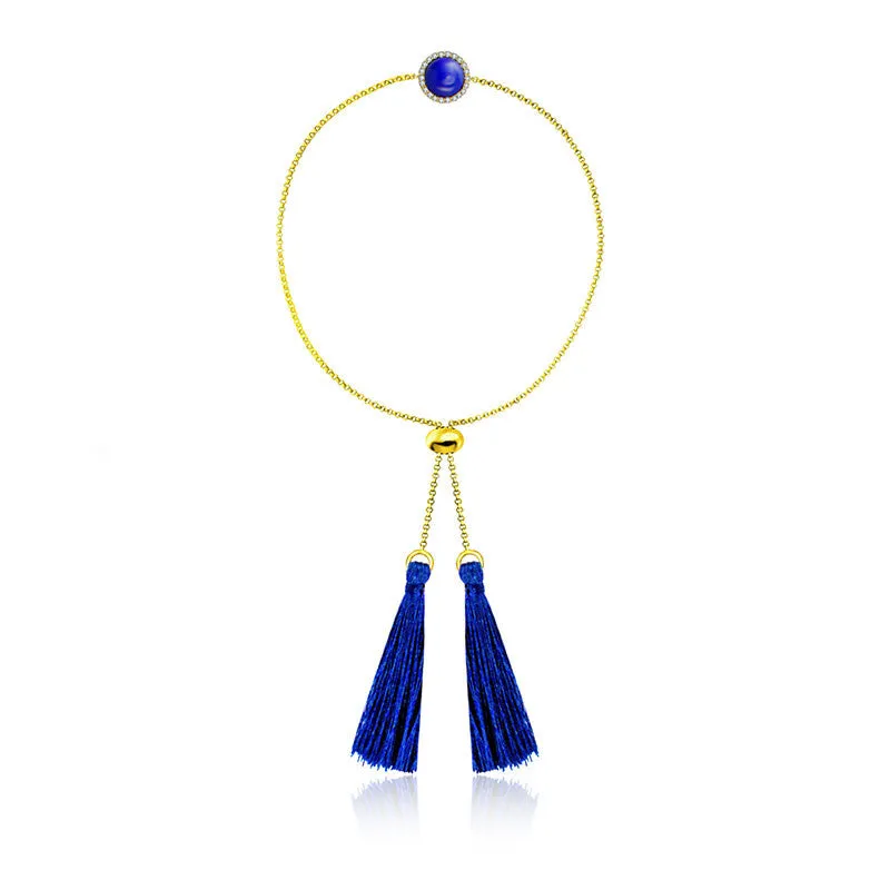 18k Gold Round Lapis Diamond Bracelet with Blue Tassel