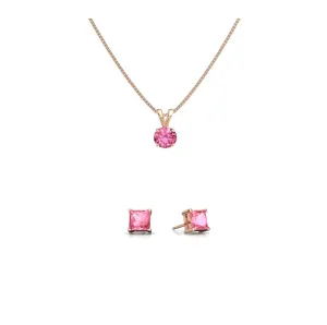 18K Rose Gold 1/2ct Pink Sapphire Round 18 Inch Necklace and Square Earrings Set Plated