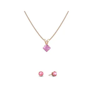 18K Rose Gold 1/2ct Pink Sapphire Square 18 Inch Necklace and Round Earrings Set Plated