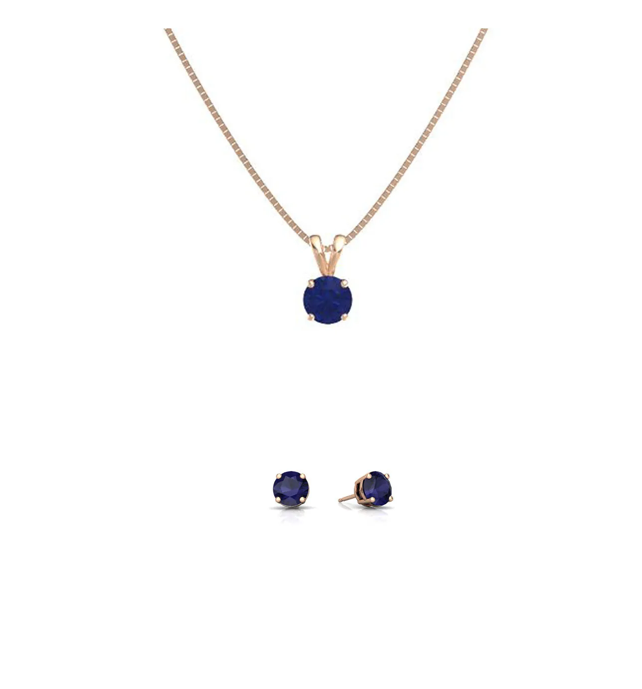 18K Rose Gold 2ct Blue Sapphire Round 18 Inch Necklace and Earrings Set Plated