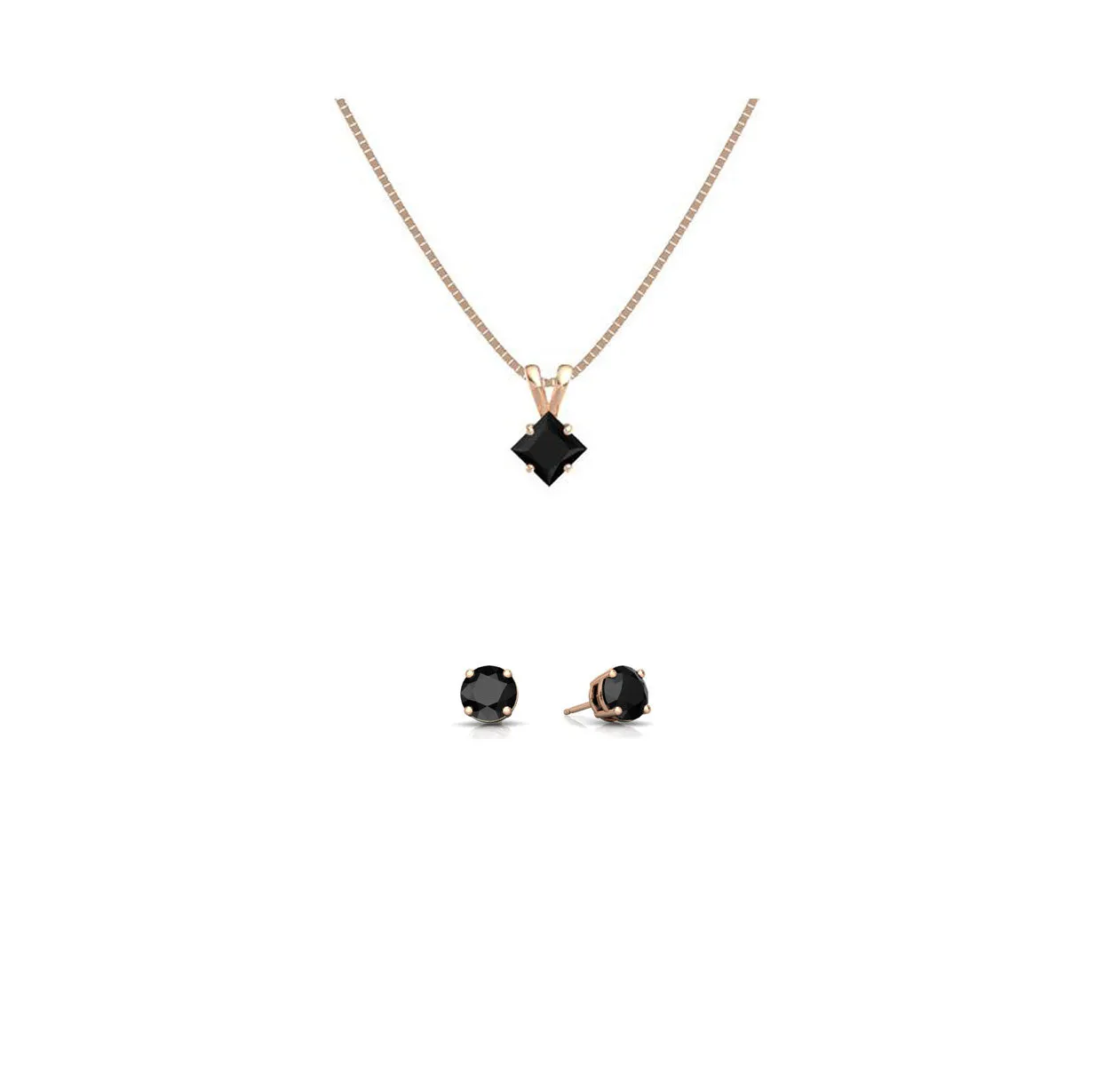 18K Rose Gold 3ct Black Sapphire Square 18 Inch Necklace and Round Earrings Set Plated