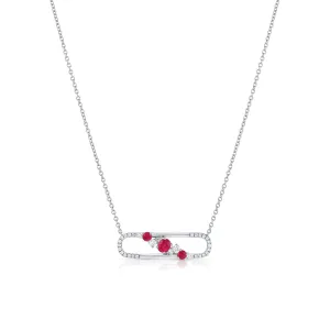 18K White Gold Ruby and Diamond Safety Pin Necklace