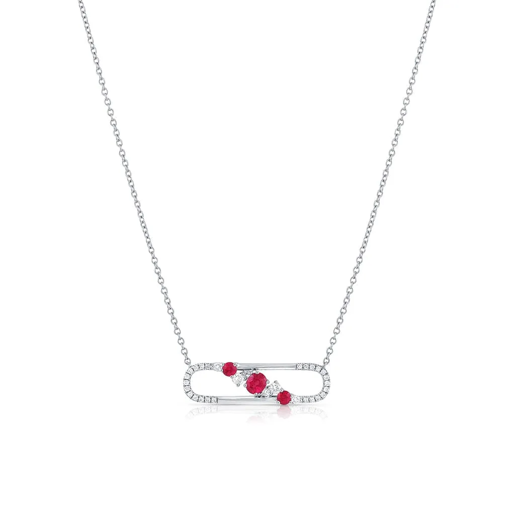 18K White Gold Ruby and Diamond Safety Pin Necklace